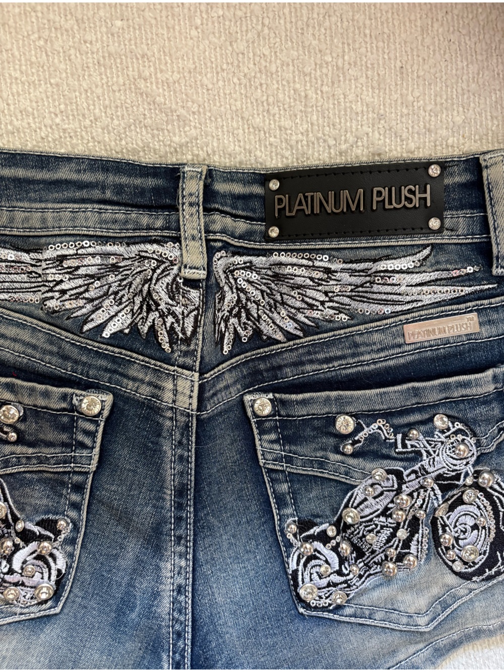 Platinum Plush Vintage Y2K Motorcycle Embroidered Wing Denim Studded MiniShorts